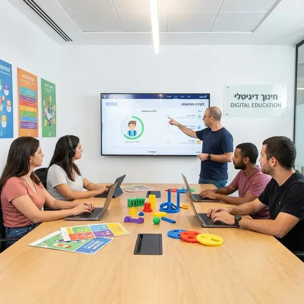 צוות מפתחי תכנים חינוכיים עובדים על חומרי למידה דיגיטליים